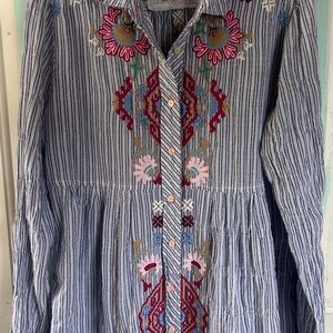 Johnny Was Blue Striped Floral Embroidered Raw Shirt